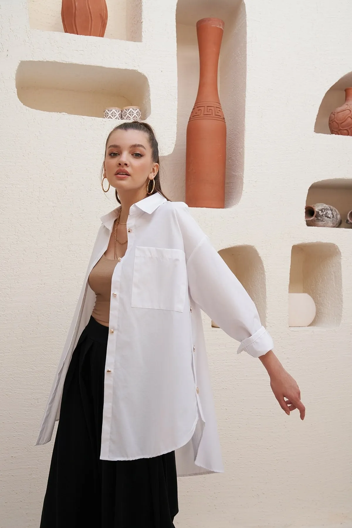 

Women's White Oversize Side Button Detailed Shirt PBK2775