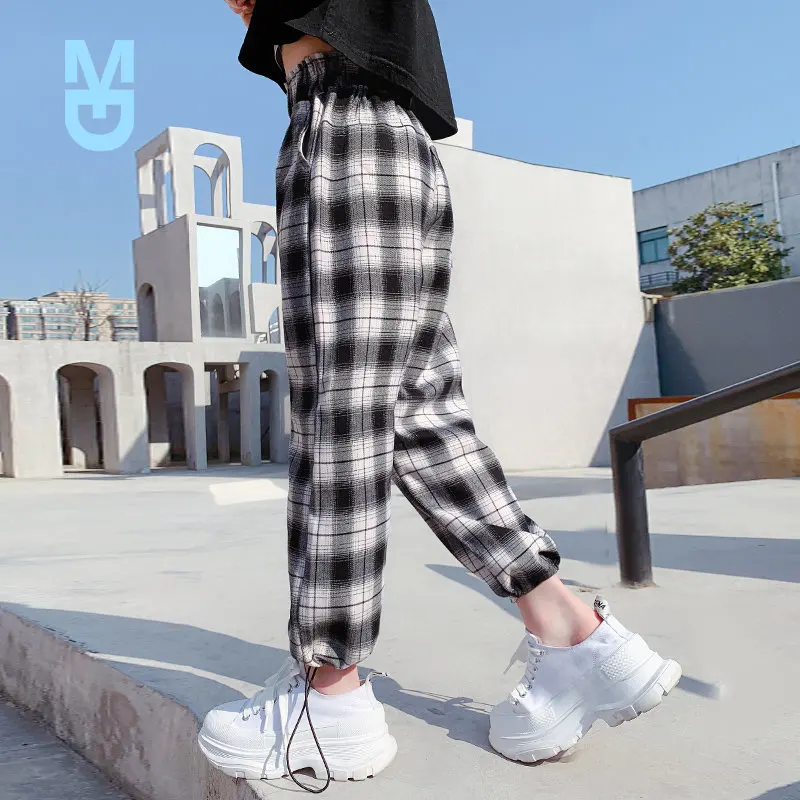 

New Girl Pants Plaid Pattern Pants Baby Girl Spring Autumn Elastic Waist Children's Pants Casual Style Teens Girl Clothes