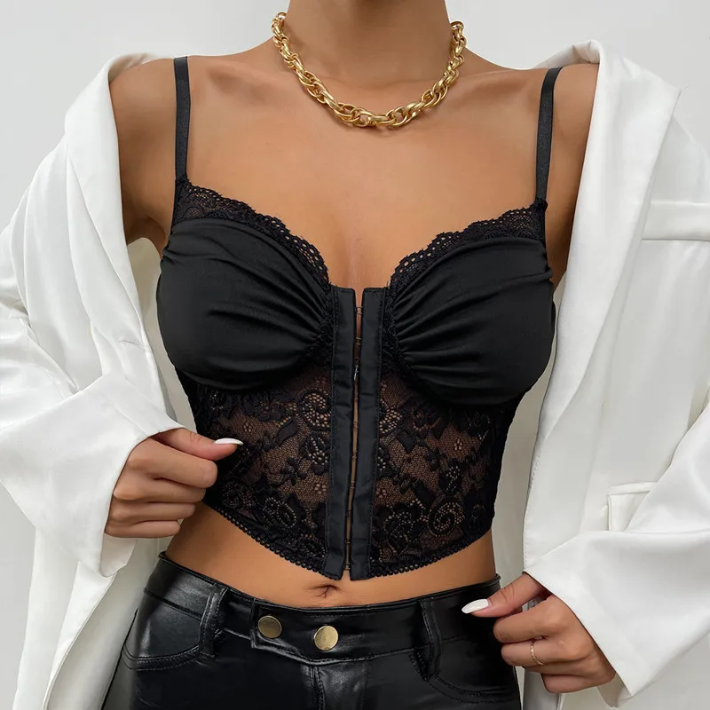 

Sexy Embroidery Lace Women Camis Tops Women Corset Bralette Cami Front Buttons Crop Cute Vest Elegant French Chic Party Clubwear