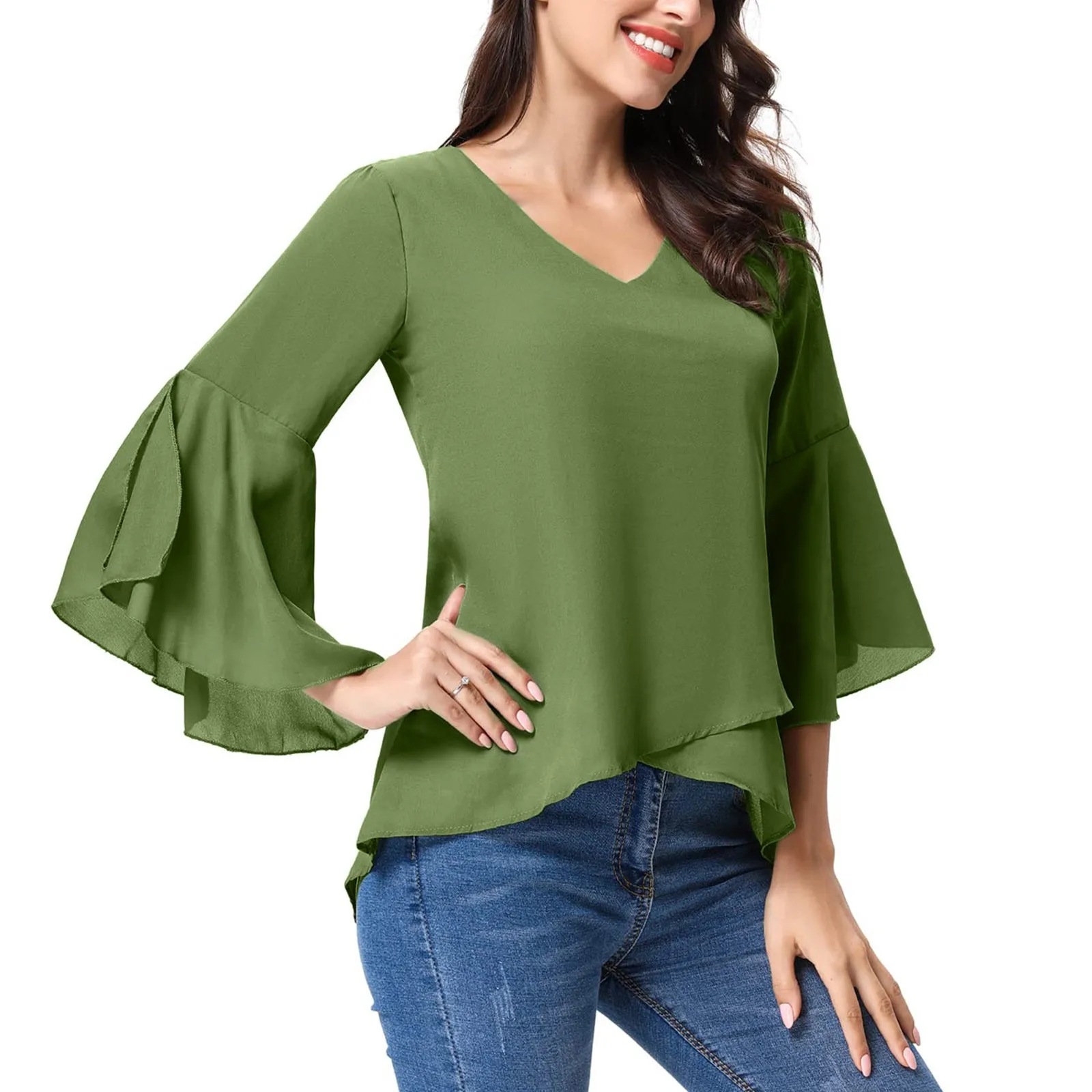 Женская шифоновая блузка с рукавами три четверти и V-образным вырезом |