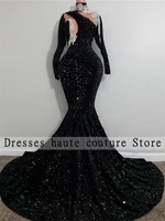 elegant sparkly black sequin long sleeve mermaid prom dresses high neck appliques african girls evening gowns