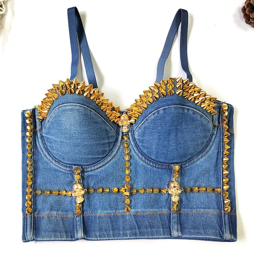 

Women Denim Camisole Skull 3D Decoration Punk Gothic Sexy Vintage Beading Rivets Cropped Top Corset Bustier Bra Hipster Tanks