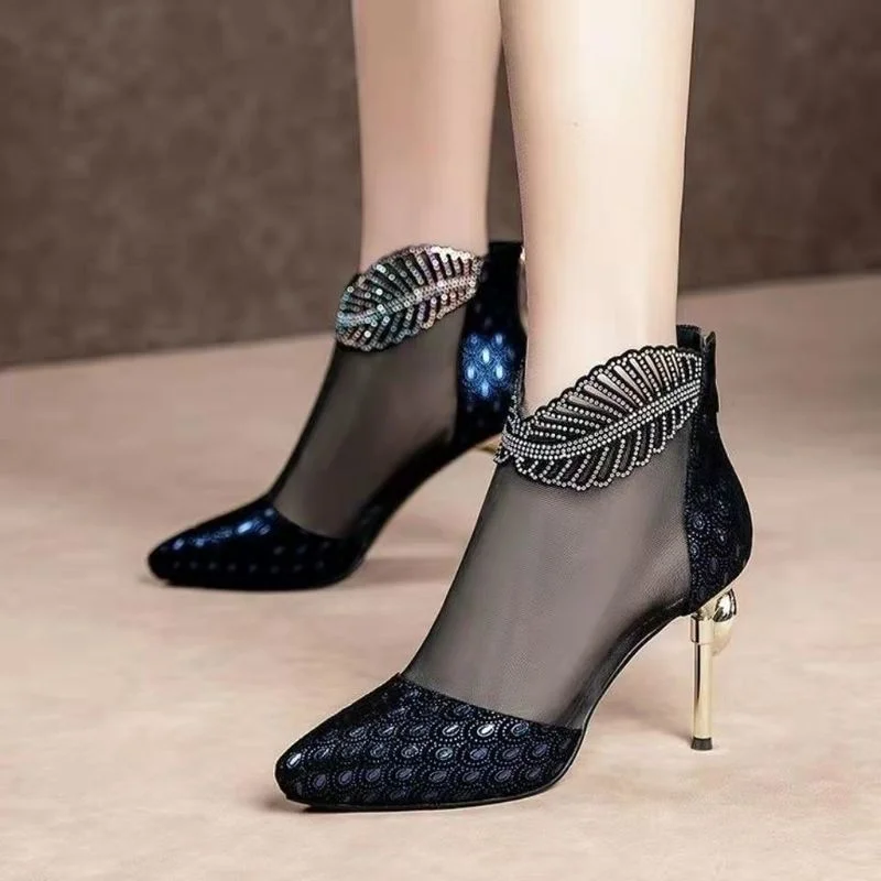 

2022 spring new mesh boots women's peacock pattern summer high heels sexy women's rhinestone platform shoes back zipper