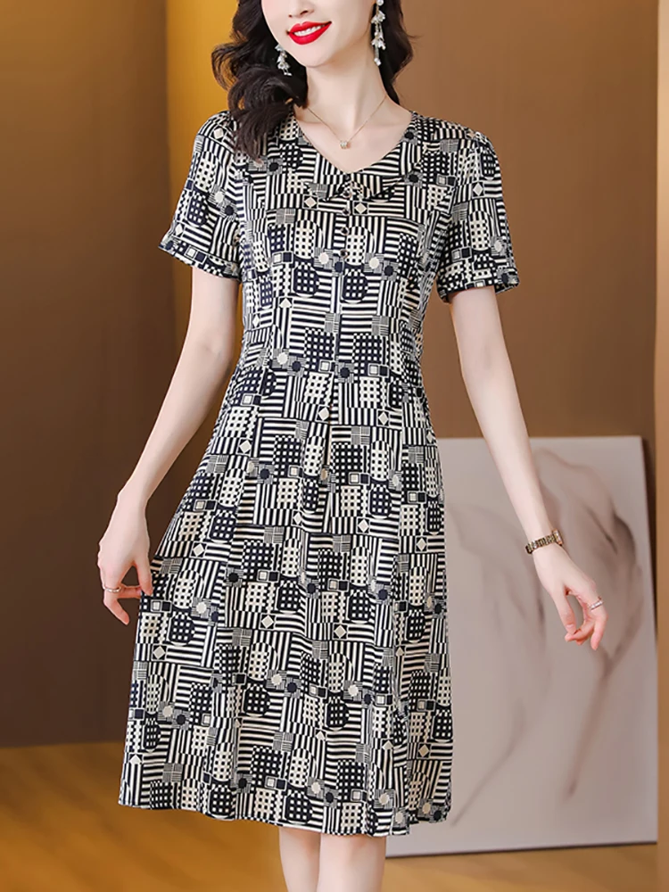 

2023 Black Striped Silk Short Sleeve V-Neck Midi Dress Women Fashion Satin Luxury Party Vestidos Summer New Korean Elegant Dress