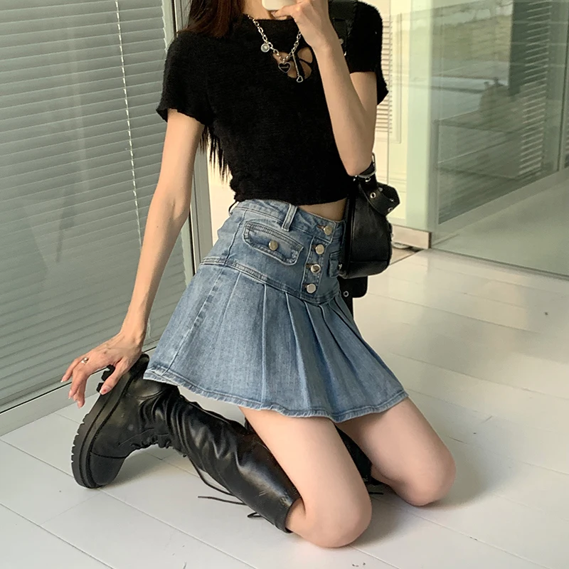 Denim Skirt Women's Blue Summer Shorts Casual Commuter Ruffles High Waist Slim Spicy Girl Wrap Hip  Skirt Pleated Short Skirt