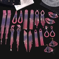 flatfoosie bling pink purple crystal long tassel drop earrings for women luxury rhinestone dangle earring trendy wedding jewelry