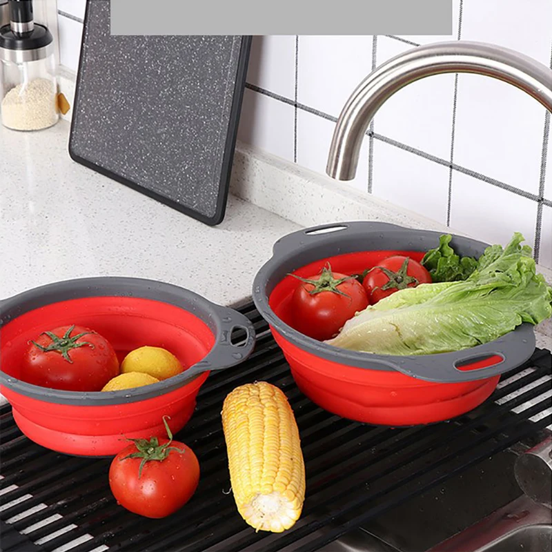 

Double-layer Drain Basket Foldable Round Silicone Strainer Home Multifunctional Plastic Fruit Vegetable Storage Kitchen Tools