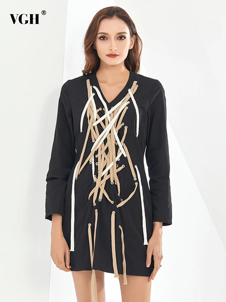 

Женское лоскутное платье с кулиской VGH, винтажные Мини-платья с V-образным вырезом, длинным рукавом, высокой талией и цветными блоками, модна...