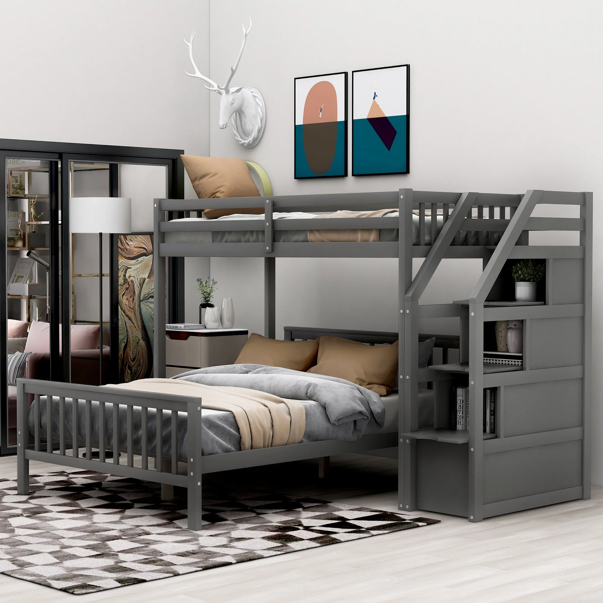 

Home Modern And Minimalist Wooden Furniture Bedroom Furniture Beds Frames Bases Twin Over Full Loft Bed With Staircase Gray