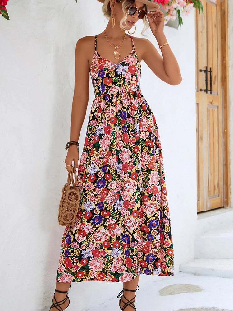 Женское платье на бретелях-спагетти с V-образным вырезом и открытой спиной