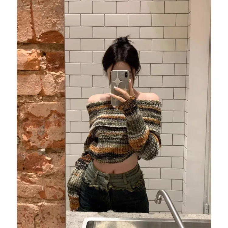 

Женский трикотажный свитер с открытыми плечами, приталенный пуловер с длинным рукавом, в винтажном стиле, Y2k, осень 2023