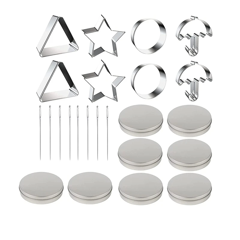 24 Pcs Squid Cookie Cutter Game Set, Mini Biscuits Molds - Triangle Circle Star Umbrella Shapes with Tin Box & Needle