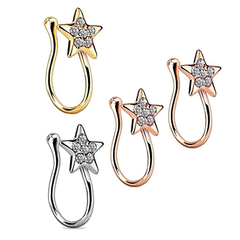 

Fake Nose Rings Hoop Gold Nose Cuff Non Piercing for Women Heart Star Leaf Butterfly CZ Clip On Faux Nose Rings star style