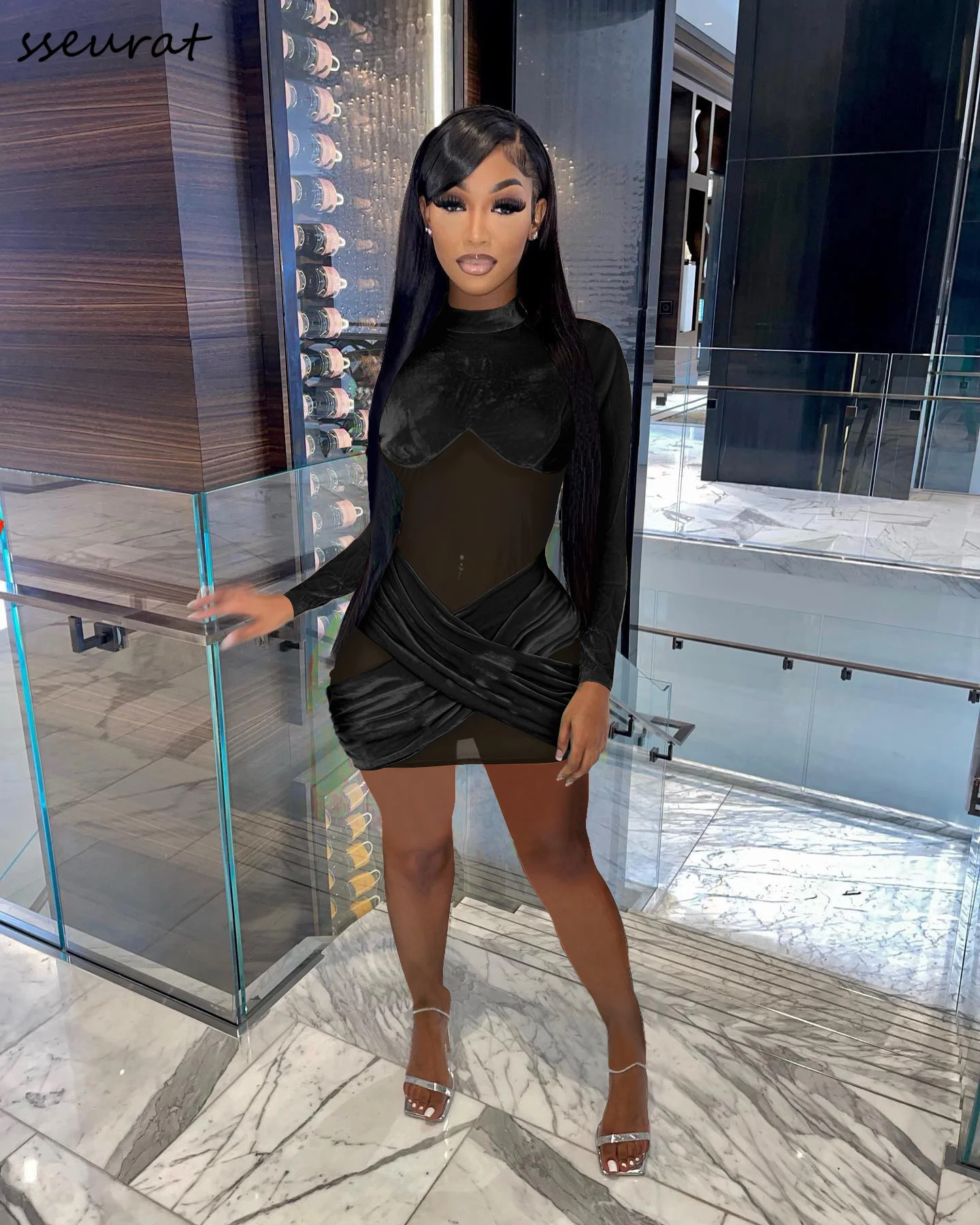 

Женское мини-платье, однотонное Сетчатое эластичное облегающее платье в стиле пэчворк, Соблазнительные вечерние платья для ночного клуба, ...