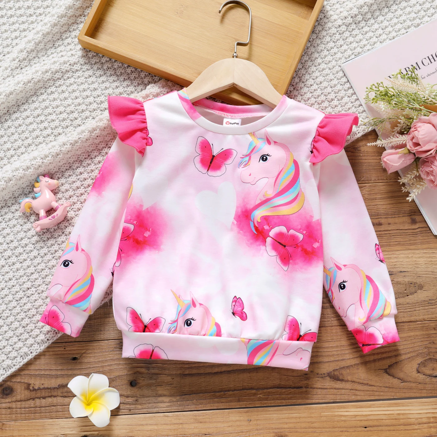 

PatPat Toddler Girl Animal Unicorn Butterfly Print Ruffled Pink Pullover Sweat