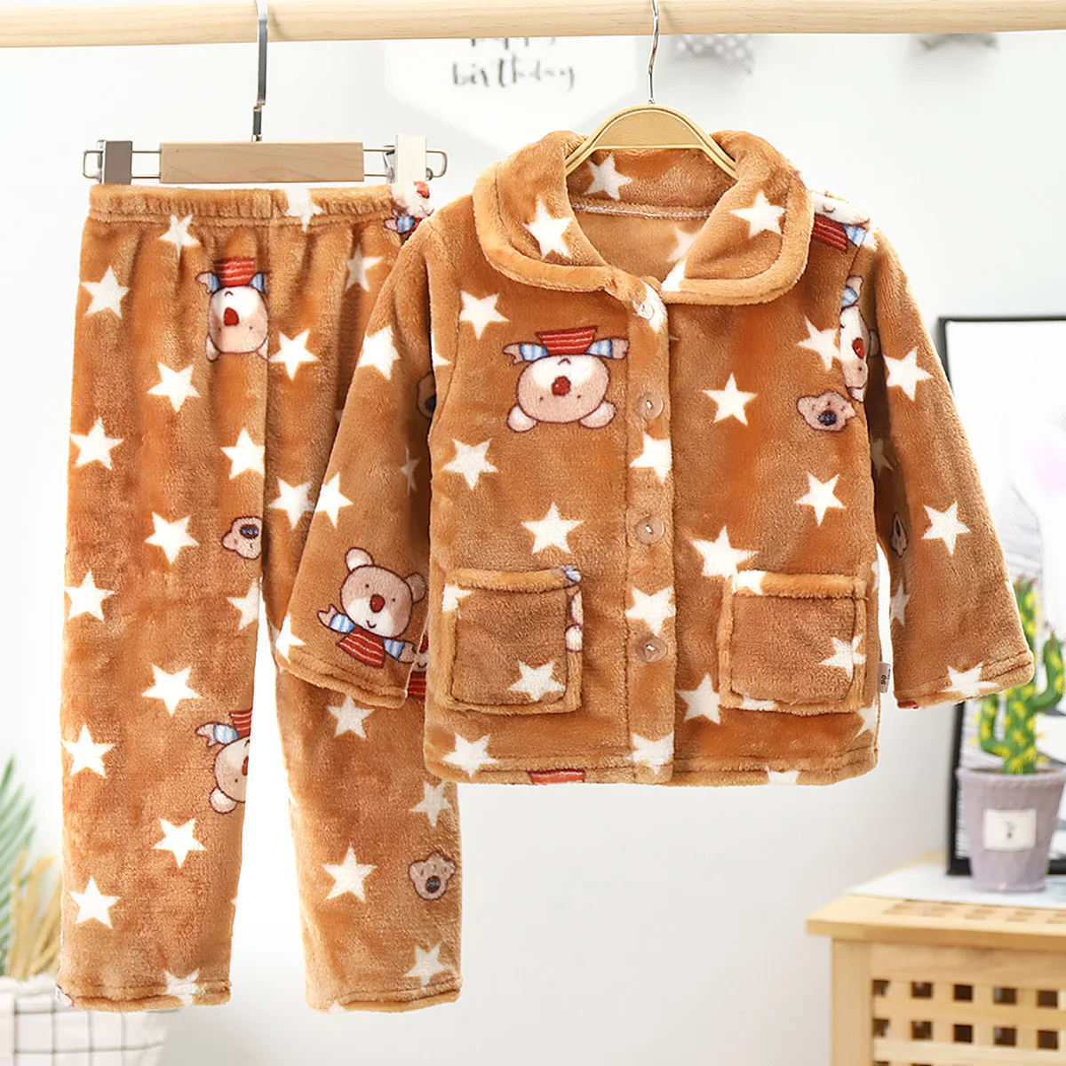 New 2020 Kids Boys Girls Autumn Winter Warm Flannel Pajama Sets Cartoon Print Lapel Tops with Pants Sleeping Clothing Sets
