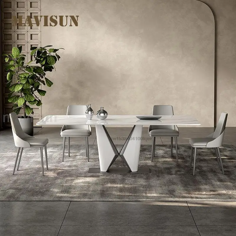 

Modern Rock Slab Kitchen Table for Dinner Concise Carbon Steel Frame Home Furniture Decoration Rectangle White Dining Table Set