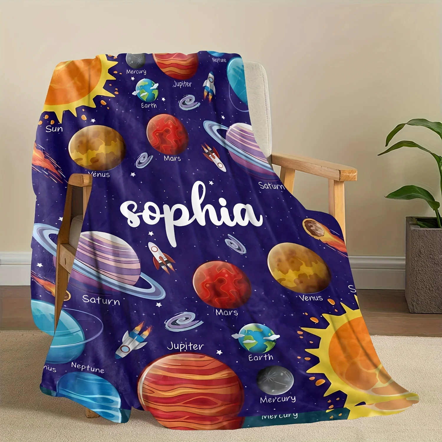 Personalized Custom Name Space Planets Throw Blanket - Soft 100% Polyester Flannel Fleece with Digital Print All Seasons Lodge