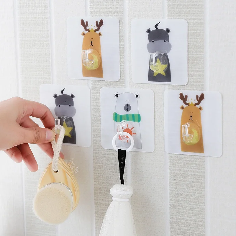 

5pcs/set Cartoon Sticky Hook Kitchen Sundries Wall Hanging Punch Free Towel Rack Cute Animal Bathroom Hanger Self-adhesive Hooks