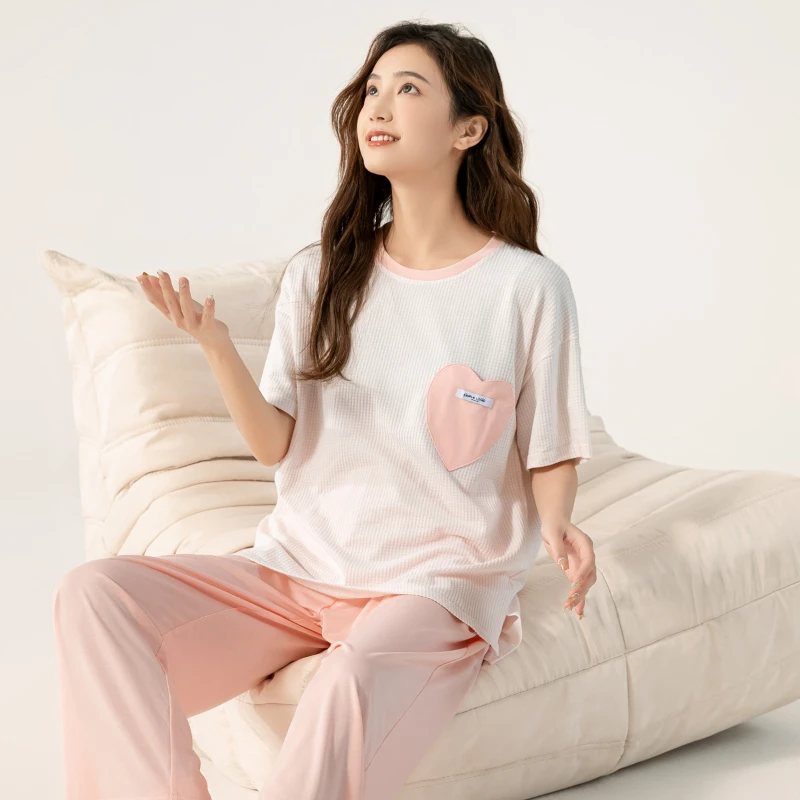New Style of Women's Pajamas Summer Plaid Short-sleeved Trousers Casual Comfortable and Elastic Home Suit Can Be Worn Outside