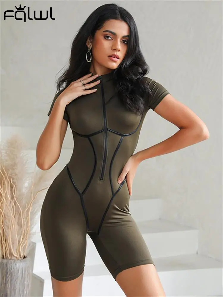 

Inwoman Black Bodycon One Pieces Rompers Summer Outfits For Women 2023 Patchwork ZipUp Short Jumpsuits Sexy Green Yoga Playsuits