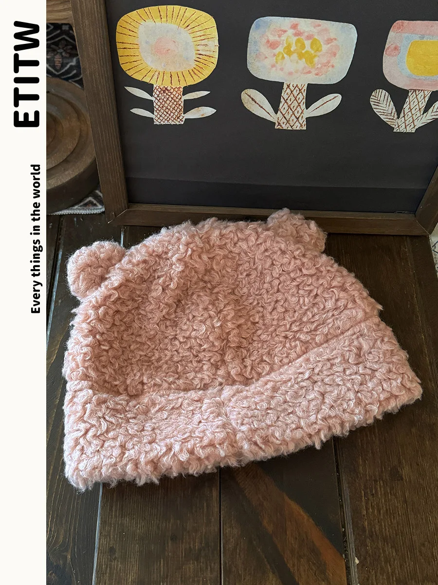 Etitw корейская кепка с рукавами медвежьими ушками женская из овечьей шерсти на