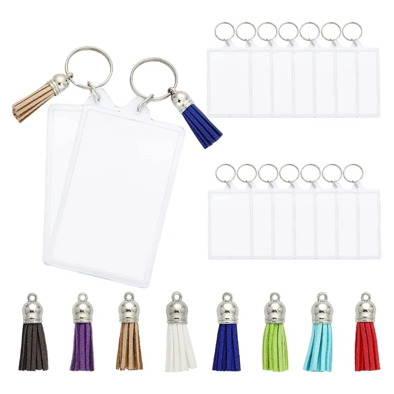 

16 Sets Acrylic Photo Frame Keychain with Tassels Rectangle Blank Keyring Tags Making Ornaments DIY Photo Picture Craft