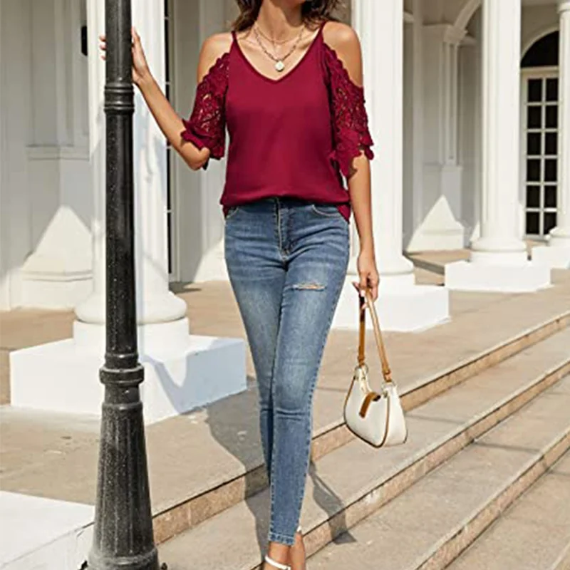 

OTEN Women's summer V-neck cold shoulder top T-shirt cut fashion halter lace solid color short sleeve lace-up street shirt