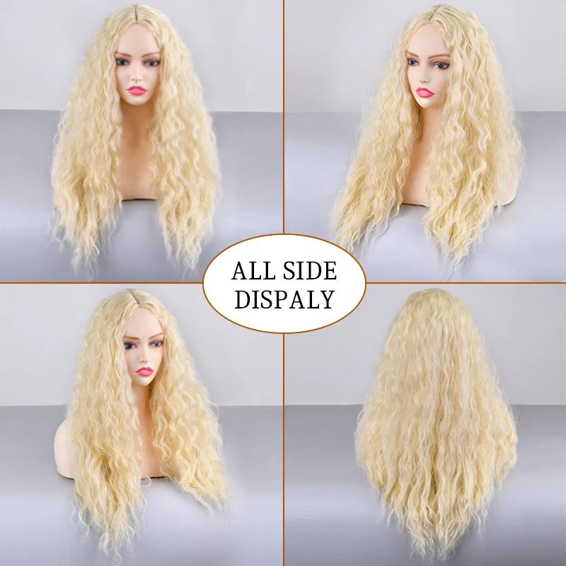 Fluffy Long Kinky Water Wavy Wig Synthetic Hair for White Women Ombre Blonde Cosplay Fluffy Deep Wave Wigs 28 inch