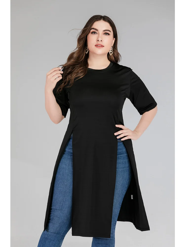 Large size women's fat mm skirt new split fork spring and summer casual wear solid color dress plus size feminino