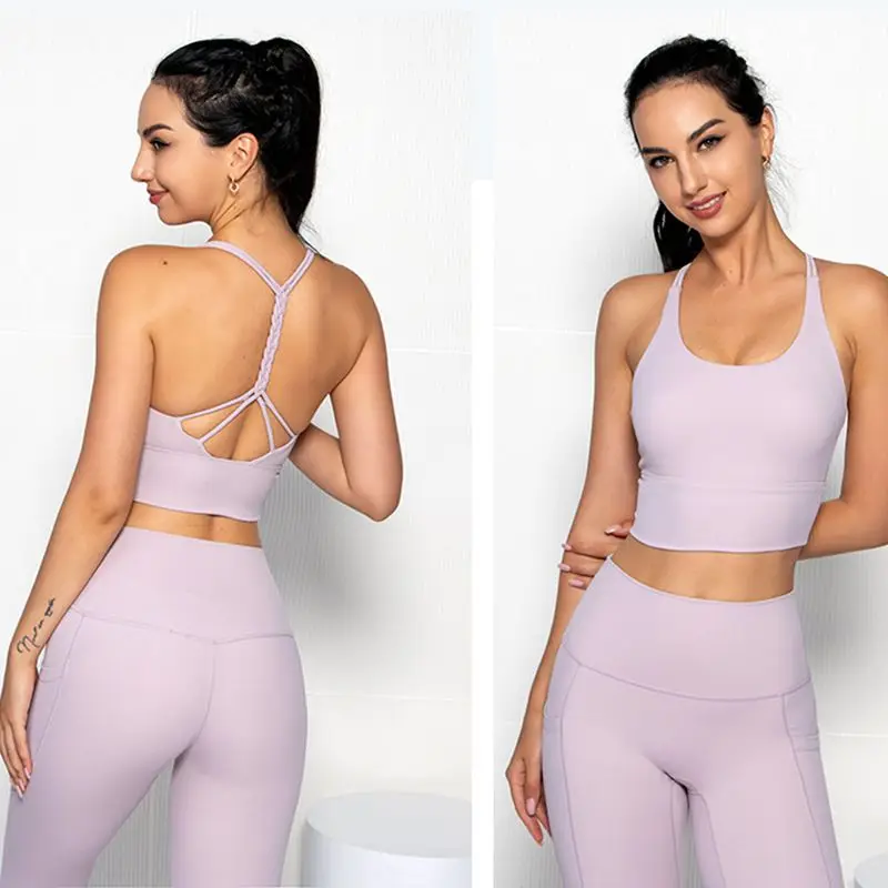 

With Chest Pad Lace-up Vest Pocket Leggings for Fitness Yoga Sets Women Gym Clothes Sport Outfit Workout Clothes for Women Green