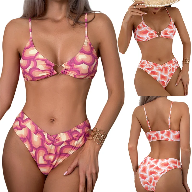 

Женский комплект купального белья из 2 предметов, бикини с подкладкой и рисунком в виде сердечек, бюстгальтер и аксессуары, пляжная одежда, купальный костюм
