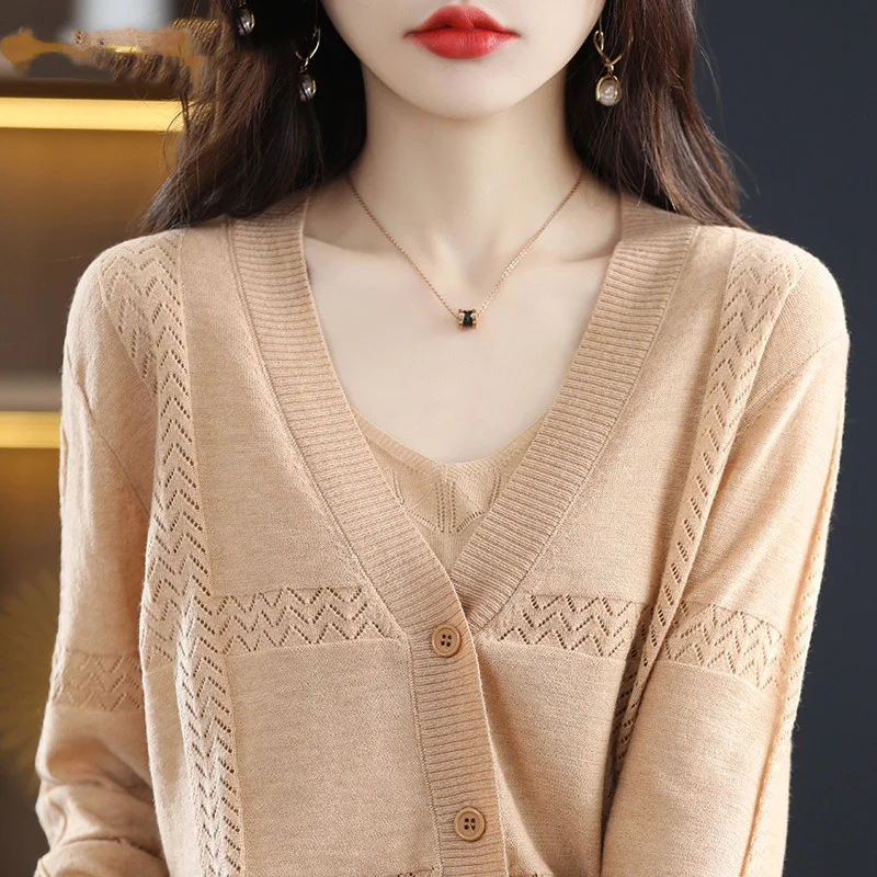 

Worsted Wool Spring Autumn New V-Neck Knitted Cardigan Women's Loose Thin Sweater All-Match Jacket Pure Color Top S-2XL