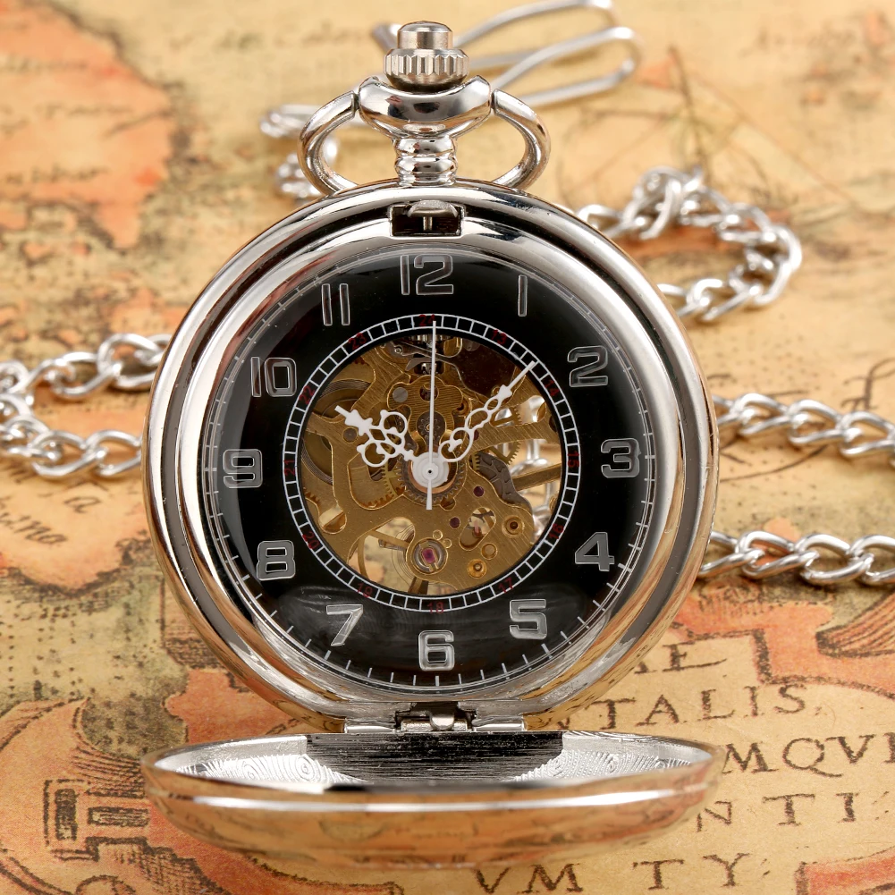 Hollow Half Hunter Silver Mechanical Pocket Watch Arabic Numerals Display Vintage Luxury Hand Winding Pocket Timepiece