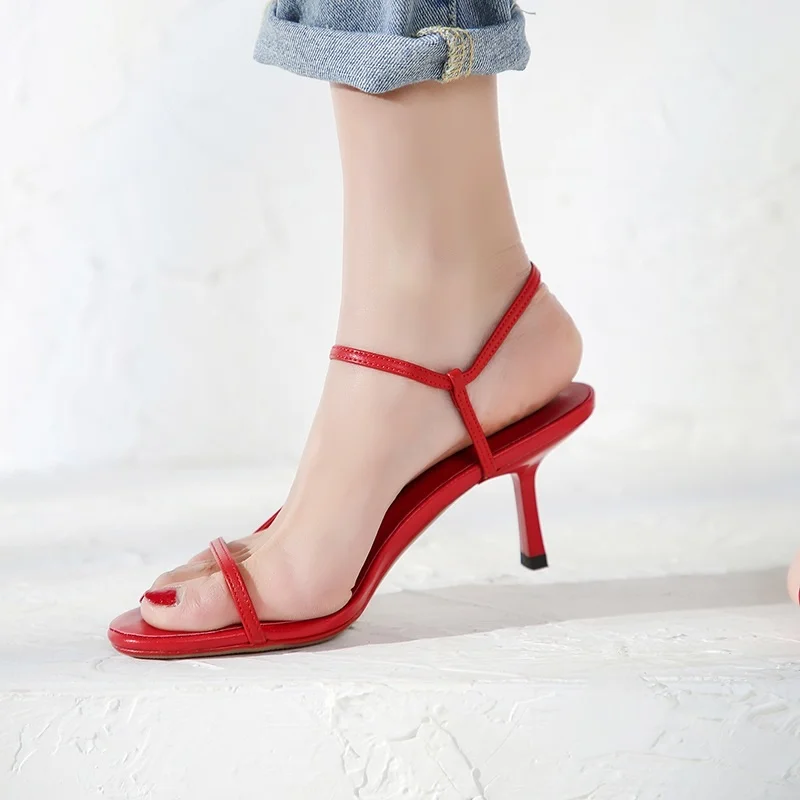 

Leather Women Summer Simple Sandals Ankle Strap Women's Shoes Elegant Open Toe Girls Party Pumps US Size 10.5