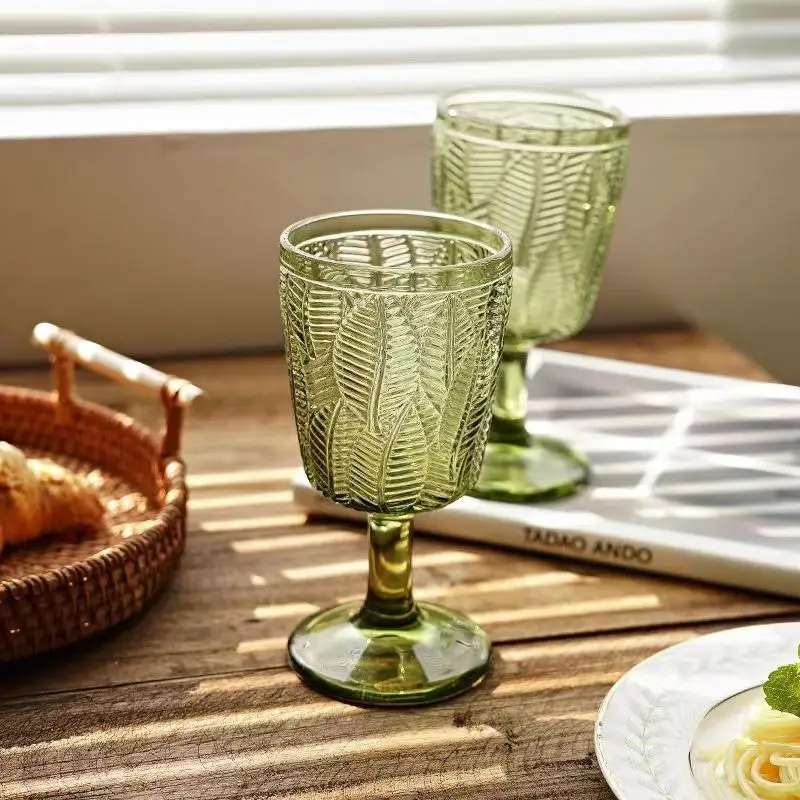 

Vintage Textured Glass Green Embossed Goblet