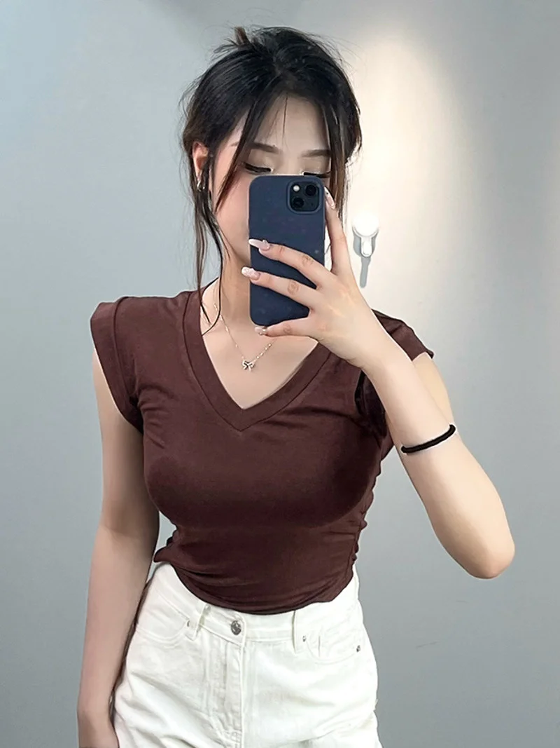 

Футболка женская плиссированная эластичная облегающая, пикантный Топ без рукавов, с V-образным вырезом, в Корейском стиле, C755