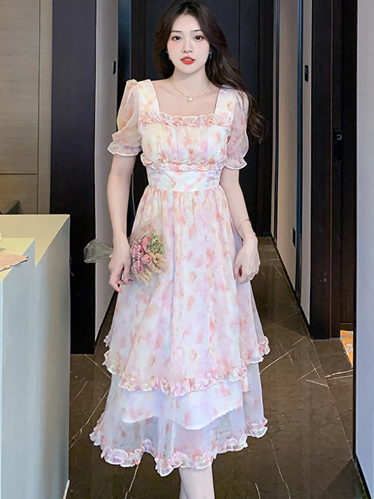 

Elegant Pink Floral Sequis Casual Beach Dress for Women Summer Fashion Chic Ruffled Prom Dress 2023 Korean Bodycon Party Dresses