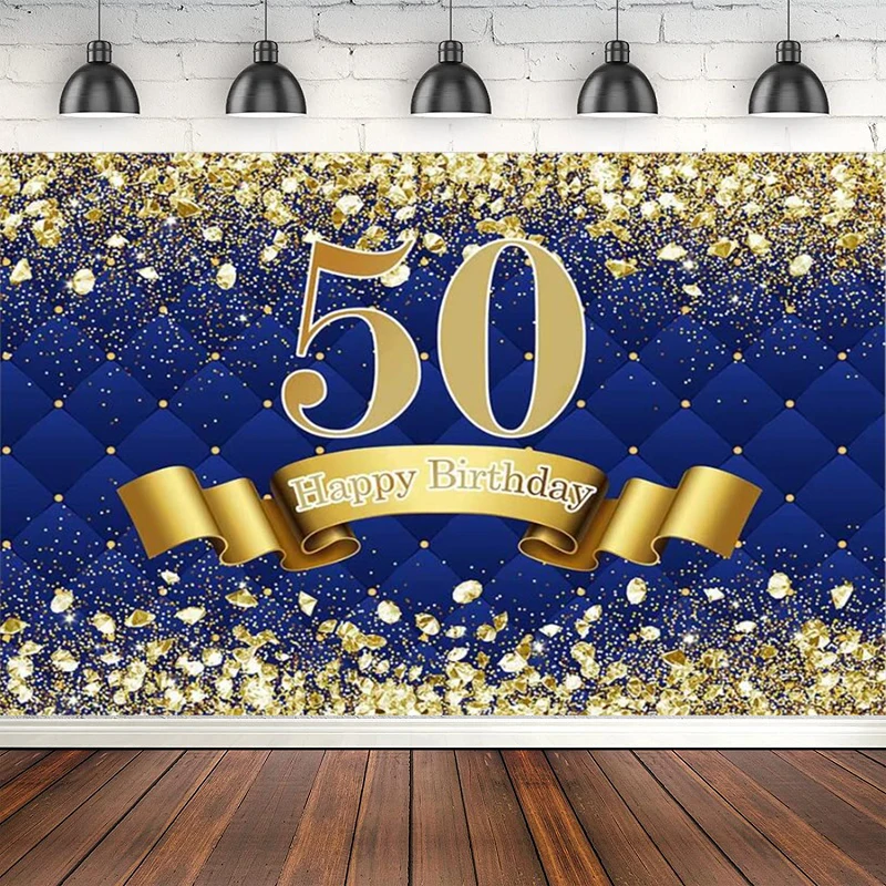 

Photography Backdrop For Adult Theme Party Decoration Diamonds Blue Background Poster Fifty 50th Birthday Shining Banner