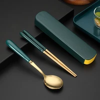 ceramic handle stainless steel cutlery set gold tableware portable travel dinnerware with box chopsticks spoon kitchen utensils