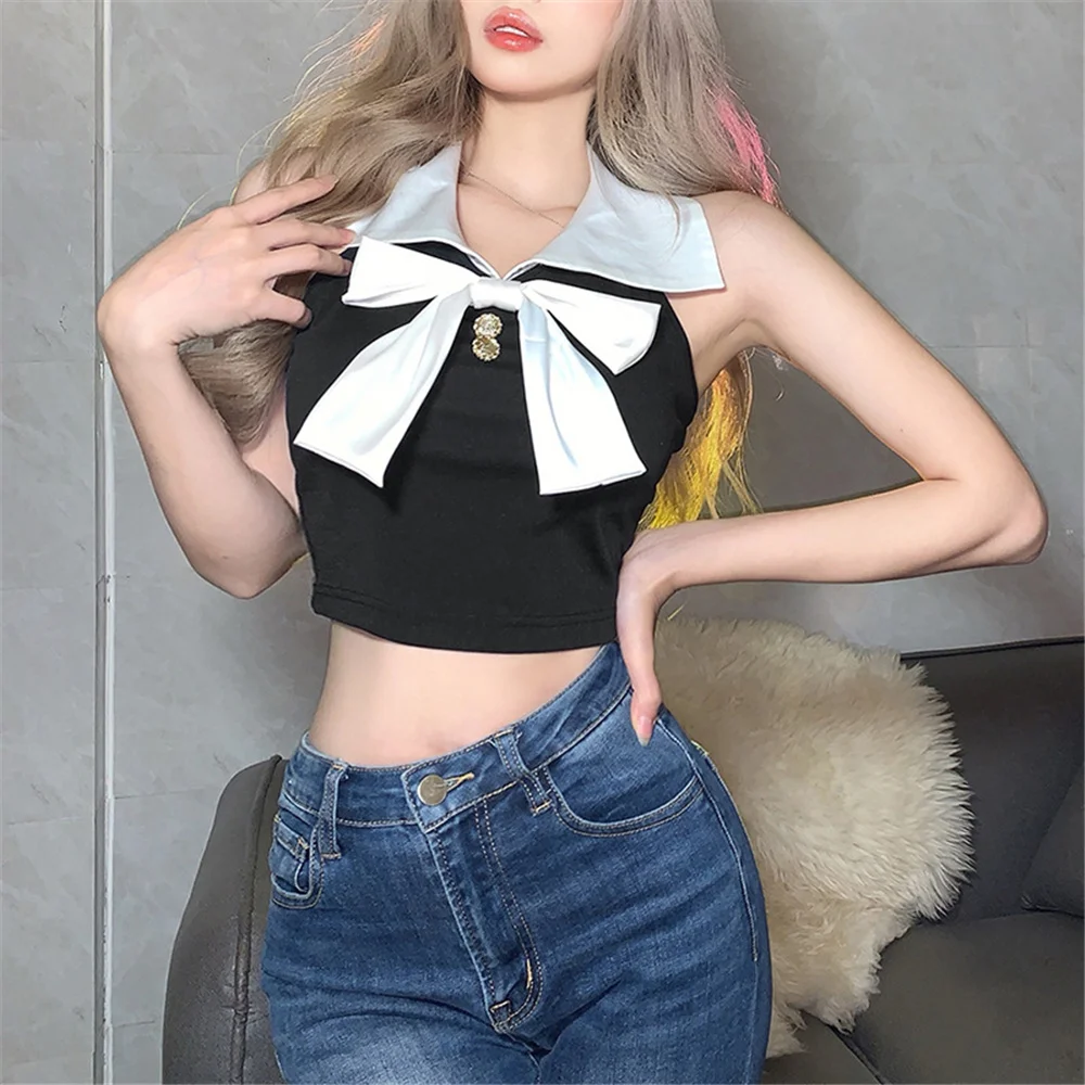 

Summer Women Korean Style Camis Kawaii Contrast Color Big Bowknot Lapel Sexy Backless Crop Top Sleeveless Nightclub Hottie Tanks