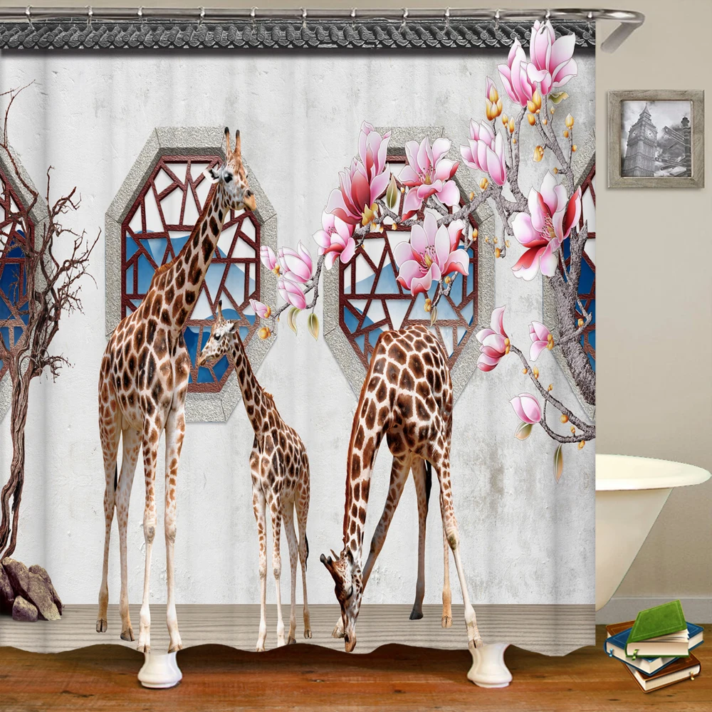 

Waterproof Polyester Fabric Shower Curtain with 12 Hook Chinese Landscape Flower Bird Bath Curtain Home Decor Bathroom Curtains