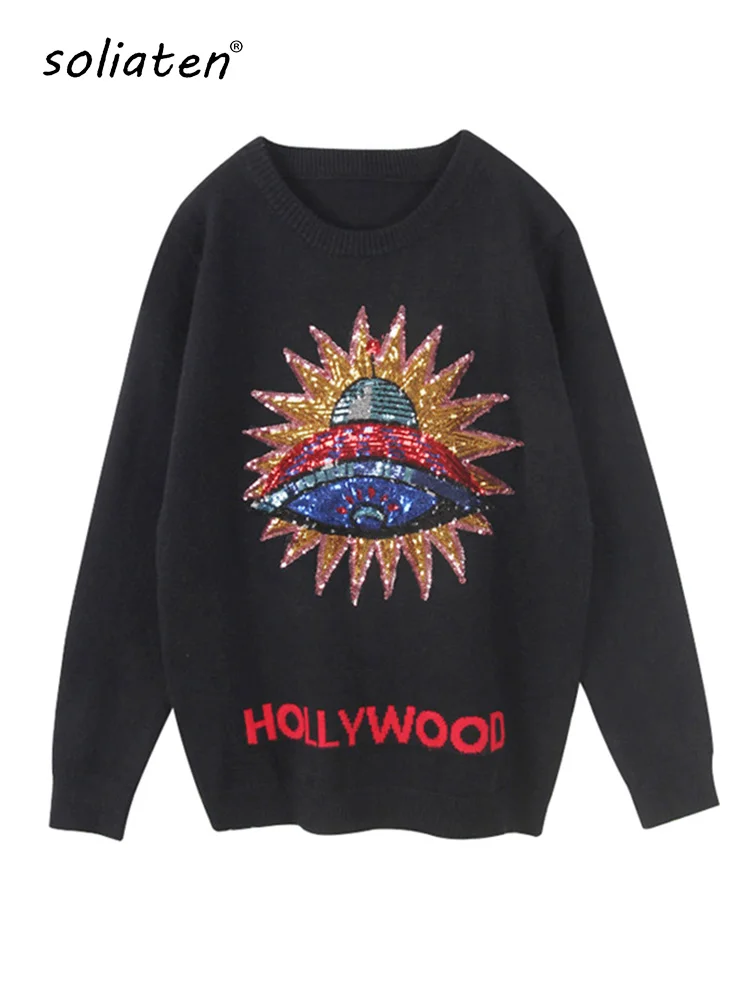 

Women New Vintage 3d Ufo Sequins Warm Sweaters Long Sleeve O-neck Pullovers Winter Autumn Knitted Retro Tops Blusas C-038