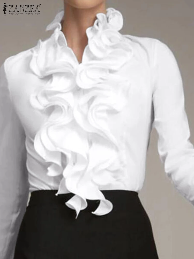 

ZANZEA Spring Women Stylish Ruffles Blouse Elegant Long Sleeve OL Shirt Buttons Down Blusas Solid Work Tops Chemise Mujer