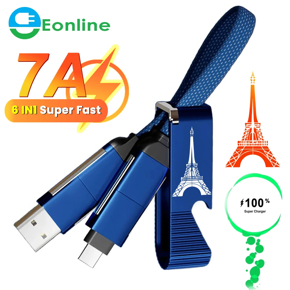 

EONLINE 3D 7A 6 IN 1 Bottle Opener Super Fast Charge Data Type C Cable For Iphone 14 Huawei Charger Liquid Silicone Elbow Cable