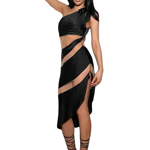 Женское летнее Клубное сексуальное платье, прозрачное Сетчатое лоскутное платье на одно плечо для девушек/черное платье с асимметричным подолом на бретелях-спагетти