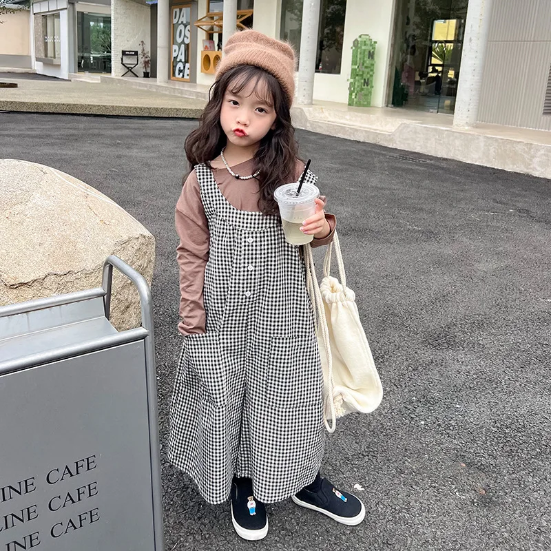 

Spring Autumn Girls fashion plaid cotton oversized jumpsuits baby girls all-match casual playsuits 2-7T