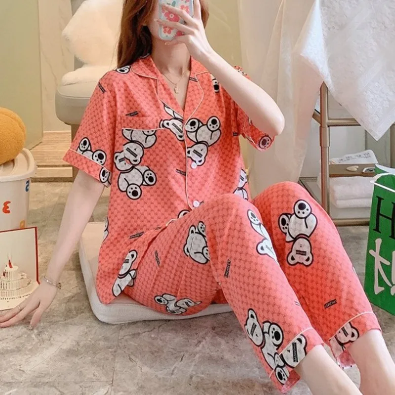 Ladies Sleepcoat Spring Autumn Cotton Silk Short Sleeve Cardigan Trousers Women Lounge Pajamas Set