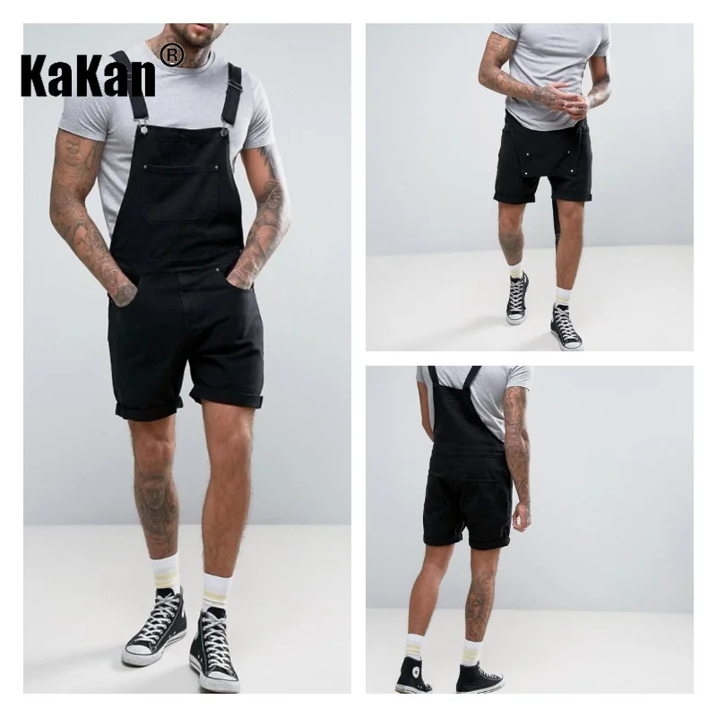 Kakan - European and American New Vintage Capris Sling Jeans for Men, Black Strap One Piece Jeans K34-211