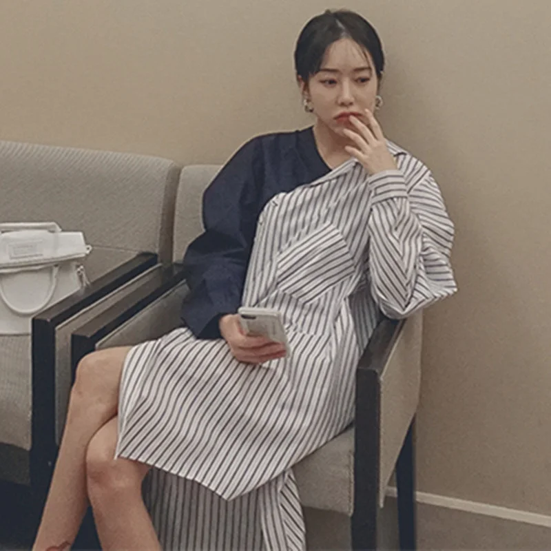 LANMREM 2022 Весенняя Новая модная полосатая рубашка с отворотом женская Свободная